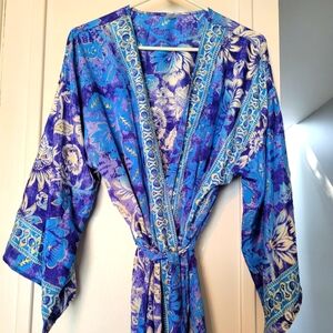 Mediterranean Tunic Kimono with Belt, Multi Blue Colors,  OS.